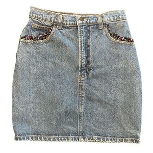 VTG 80s 90s youthful cottagecore whimsy floral fabric detail denim mini skirt 26